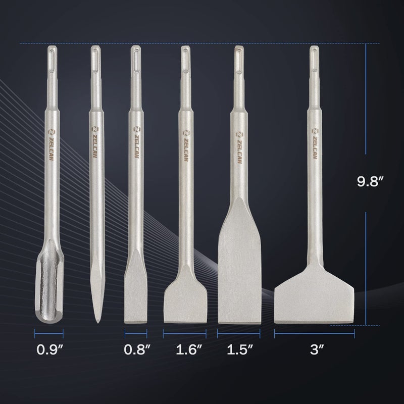 ZELCAN Chisel Set with SDS Plus Shanks, 6pc Masonry Concrete Drill Bit Set, Tile Grooving Scraping Flat Point Scaling Chisels 40Cr Steel Rotary Hammer Drill Tool Kit SDS Plus Bits for Home Improvement - Image 5